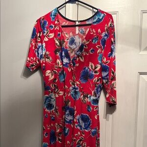 Red Floral Wrap Dress with Blue Rose Print